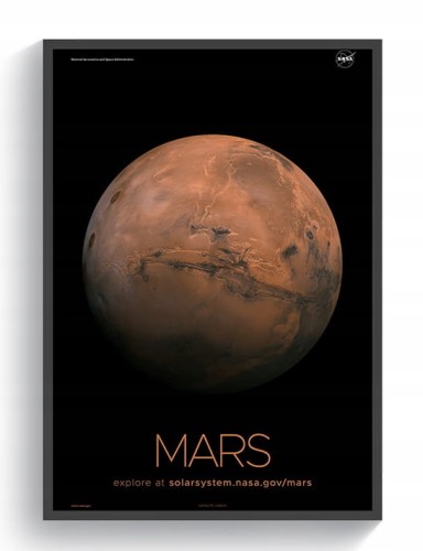 Plakat przedstawiający planetę Mars w kosmicznym tle, stworzony na podstawie zdjęć NASA. Idealna dekoracja ścienna dla pasjonatów astronomii i eksploracji kosmosu, wykonana w premium jakości.