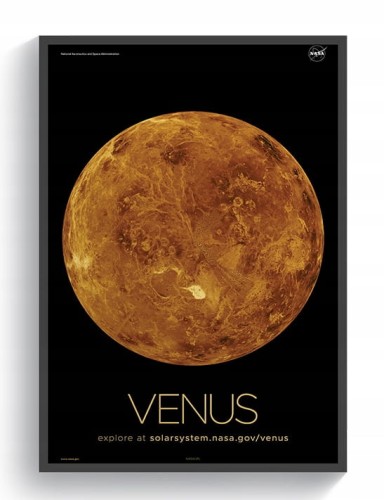 Plakat przedstawiający planetę Wenus, z wyraźnymi detalami jej powierzchni, wykonany przez NASA. Idealny do dekoracji wnętrz, szczególnie dla miłośników kosmosu i układu słonecznego. Premium jakość druku